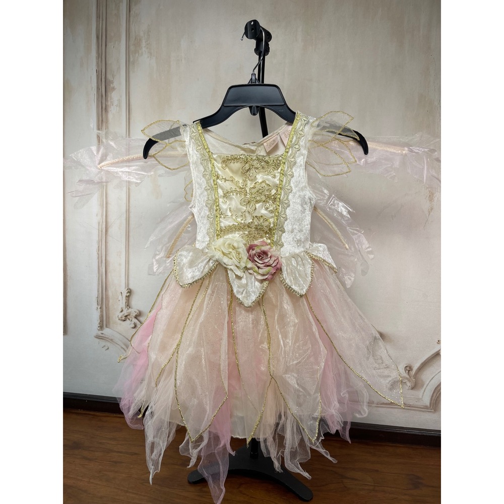 Fairy Dust Costume Dress Pink Ivory Gold Size 4 W/Wings Sparkly Tulle Halloween